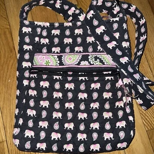 Vera Bradley black pink elephant print cross body purse adjustable strap GUC - Picture 1 of 6