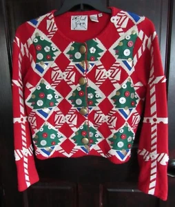 Michael Simon Button Decorated Christmas Tree Cardigan Sweater Size Medium - Picture 1 of 10