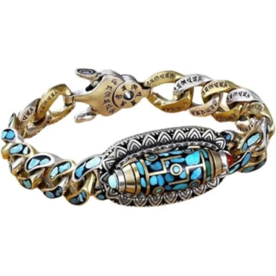 Pulsera Six Words Of Truth Hombre - Latón y Turquesa con Colgante Giratorio Foto 1 de 4