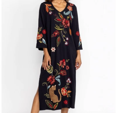 Johnny Was Isabella Kimono Tee Midi Dress Black Embroider Cotton Knit  S;NWT - Image 1 of 4