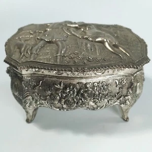 Repousse Trinket Box Footed Silverplated Metal Red Velvety Interior - Picture 1 of 13