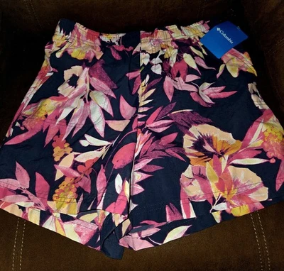 NEW Women's Columbia Walnut River Black Pink Printed Shorts Medium Pull On $35 - Image 1 of 4