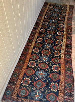 Antique  Multi-color  CAUCASIAN Rug hand-woven Oriental wool carpet 11' 9"x 3'3" - Image 1 of 4