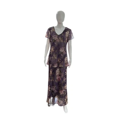 Maxi Vestido Vintage Años 80 Jessica Howard 14 Gasa Púrpura Floral Iglesia Capas Foto 1 de 4