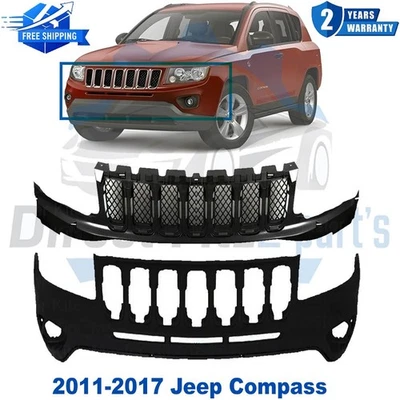 Front Bumper Cover Primed & Upper Grille For 2011-2017 Jeep Compass - Image 1 of 4