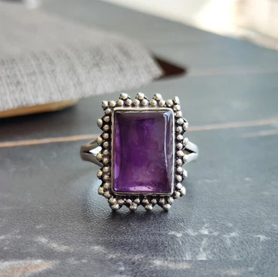 Designer Amethyst Stone Ring Solid 925 Sterling Silver Boho Ring All Size R364 - Image 1 of 4
