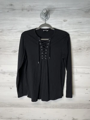 ASOS Shirt Women Medium Black Lace Up Long Sleeve Laced Neck Cotton Casual Basic - Image 1 of 4