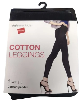 Hanes 女式风格必备黑色棉/氨纶打底裤 L 码无脚全新带盒 — 第 1/2 张图片