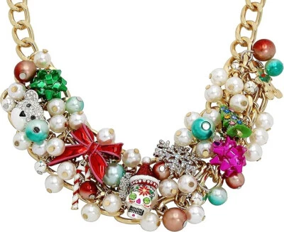 Betsey Johnson Christmas Statement Charm Necklace Skull Pearl Bib NEW w Tag $148 - Image 1 of 4
