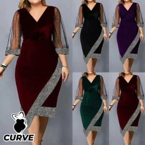 Plus Size Curvy Women Velvet Mesh Midi Dress Evening Cocktail Party Ball Gown - Picture 1 of 18