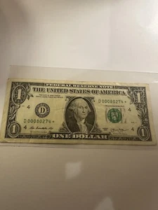 2013 billete de 1 dólar raro número de serie bajo Star Note D00080274 - Imagen 1 de 2