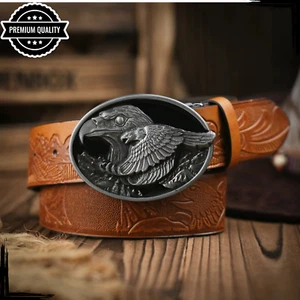 Mens Western Cowboy Eagle Leather Belt Buckle Casual Luxury High Quality Brown - Picture 1 of 15