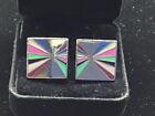 Vintage Square Art Deco Look In Multiple Colors On Silver Tone Cuff Links
