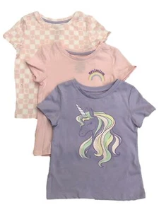 Girls 3 Piece T-Shirt Set Purple Unicorn Pink Check Optimism Tee Shirts - Picture 1 of 2