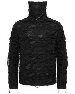 Punk Rave Mens Apocalyptic Gothic Shredded Knit High Neck Sweater Top Black - Picture 1 of 13