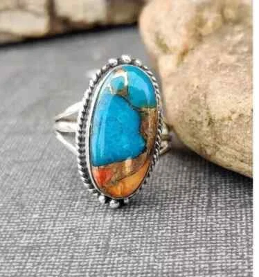 925 Sterling Silver Handmade Natural Oyster Turquoise Woman Ring All Size R278 - Image 1 of 4