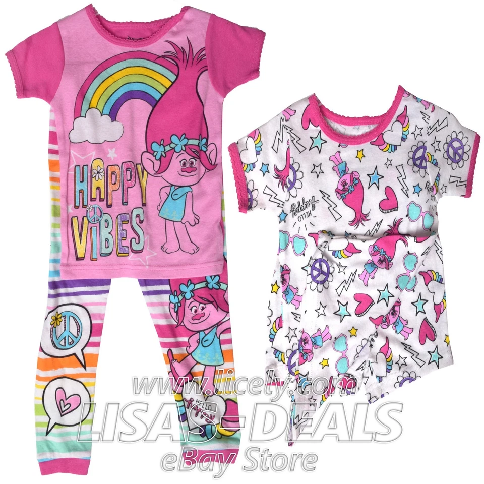 Girls DreamWorks Trolls 2 Sleepwear Set Pajama Happy Vibes Pink White 4 8 - Image 1 of 1