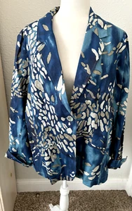 New COLDWATER CREEK XL Blue LINEN Blend JACKET Blazer Gray White Abstract Blazer - Picture 1 of 11