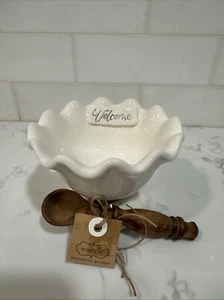 Mud Pie Scalloped Edge/pedestal  Candy Dish “Welcome” With Wooden Spoon￼ - Picture 1 of 6