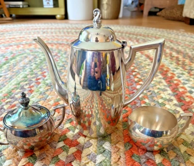 Juego de té vintage Oneida Plateros Plato de plata 3 piezas Olla Azúcar con tapa Crema Foto 1 de 4