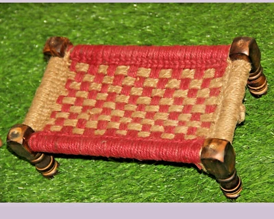 Vintage Colorful Wooden & Jute Rope Charpai Khat Sitting Stool Handmade Original - Image 1 of 4