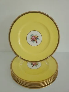 6 Antique Cauldon England Sunny Yellow Dessert Plates Pink Roses D 9" #1 of 2 - Picture 1 of 14