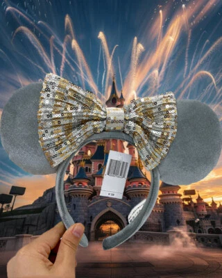 NUEVO Diadema Orejas Gris Minnie Mickey Mouse Arco Lentejuelas Dorado Plata Parques Disney Foto 1 de 4