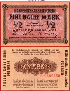 GERMANY  LITHUANIA Occupation 1/2 MARK 4 4 1918 KOWNO P R127 XF/AUNC - Picture 1 of 3