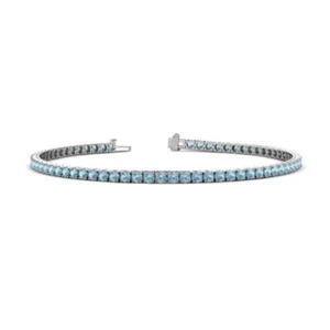 925 Sterling Silver Aquamarine Round 4.00mm Tennis Bracelet With Rhodium Plated - Picture 1 of 5