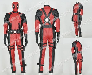  Deadpool Cosplay Costume Leather Cool Male Red Jumpsuit Whole Set - Picture 1 of 12