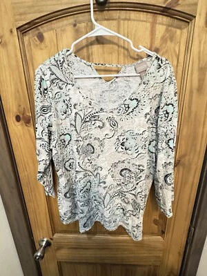 Pullover Chico's para mujer cuello en V manga 3/4 ojo de cerradura azul blanco cachemira talla 3 Foto 1 de 3