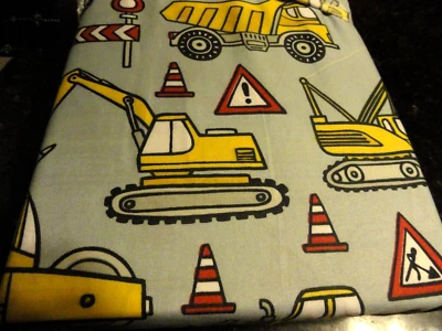 new FUN Navy & blues 4 pc FULL SHEETS Construction vehicles TRUCKS back hoe cone - Image 1 of 4