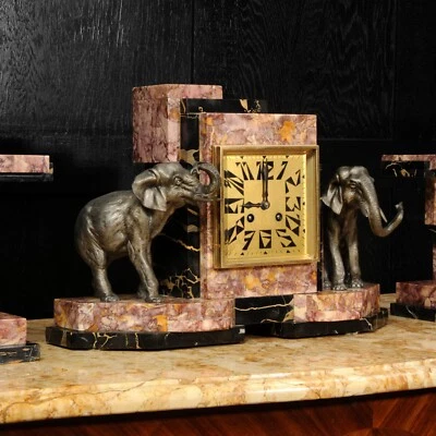 Art Deco Clock Set Elephants French C1925 Fully Working - Image 1 of 4