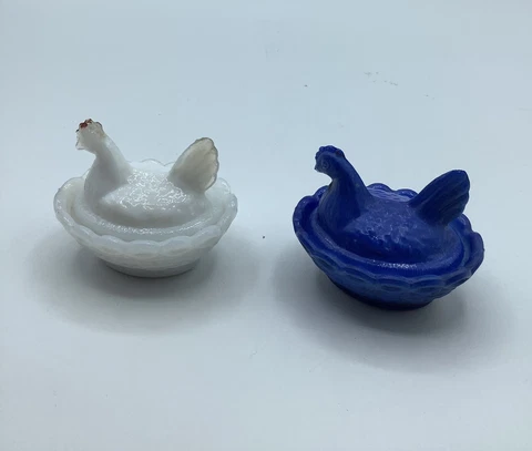 Set of 2 Vintage Small Chickens Sitting on Baskets - one white & one Blue Cover