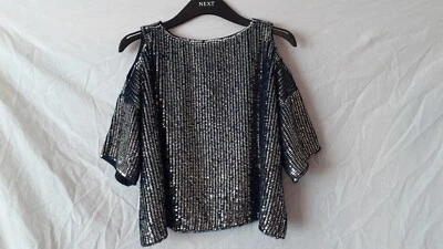 Ladies Navy With Silver Sequins Cold Shoulder Crop Top. Size 4. Topshop Petite. - Image 1 of 4