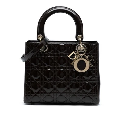 Cartera Autenticada Dior Mediana Charol Cannage Dama Dior Marrón Cuero Oscuro Foto 1 de 4