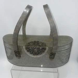 50er Jahre WILARDY Lucite Handtasche grau Wirbel mit filigran - Riss am Deckel & ohne Spiegel - Bild 1 von 21