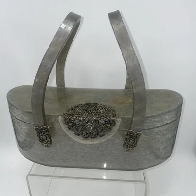 Bolso de Mano WILARDY Lucite Años 50 Gris Remolino con Filigrana - Grieta en la Tapa y Sin Espejo Foto 1 de 4