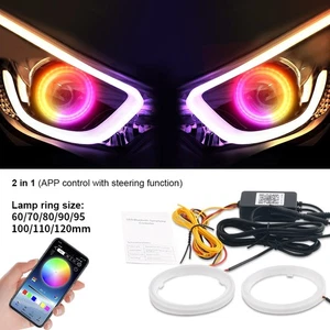 2X RGB 60-120MM LED Light Guide Angel Eyes Halo Rings for Car Headlight Retrofit - Picture 1 of 22
