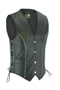 Ladies Leather Waistcoat Vest Soft Sheep Leather Bikers Style Black with Studs - Picture 1 of 5