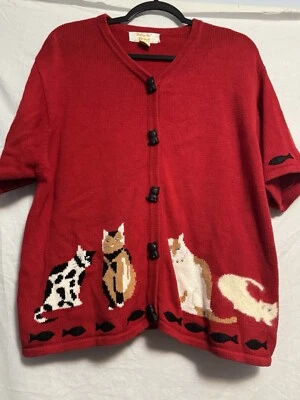 Cardigã vintage TALLY HO amantes de gatos gola V manga curta suéter de malha tamanho M - Imagem 1 de 4