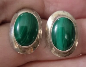 Vintage Southwestern Sterling Silver Oval Malachite Post Earrings - Picture 1 of 8