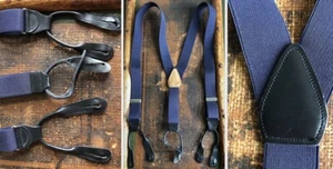 VTG 1" NAVY BLUE SUSPENDERS BRACES ELASTIC BLACK LEATHER BRASS 31" GUC CLEAN - Picture 1 of 10