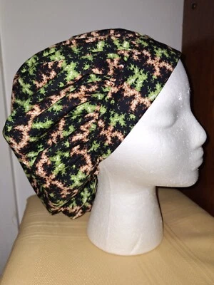 Green , Tan & Black Design Bouffant Medical Scrub Surgical Hat  SIZE Medium - Image 1 of 2
