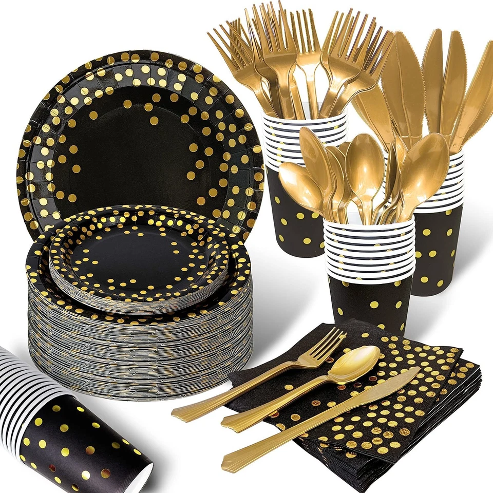175pcs Black and Gold Party Supplies Severs 25 Disposable Party Dinnerware
