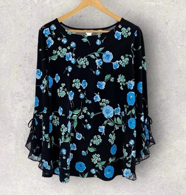 Top Susan Graver Tejido Líquido Popover Negro Azul Floral Volantes Mangas Campana M Foto 1 de 4