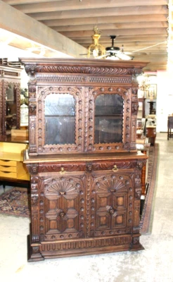 French Antique Oak Renaissance Display Buffet Cabinet | Heavily Carved - Image 1 of 4