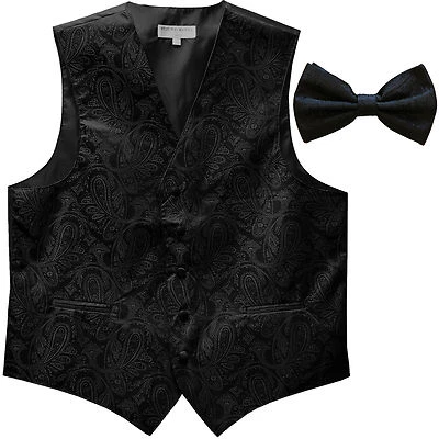 New Vesuvio Napoli polyester formal men's tuxedo vest_bowtie Black Paisley prom - Image 1 of 3