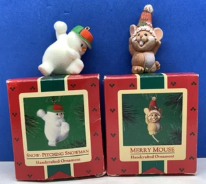 1985 Hallmark Keepsake Lot of 2 Ornaments - Snow-Pitching Snowman & Merry Mouse - Picture 1 of 5