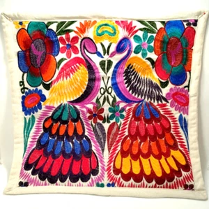 NEW~Mexican Pillow Cover~OAXACA Handmde~COLORFUL PEACOCK ~Embroider 18"~Folk Art - Picture 1 of 2